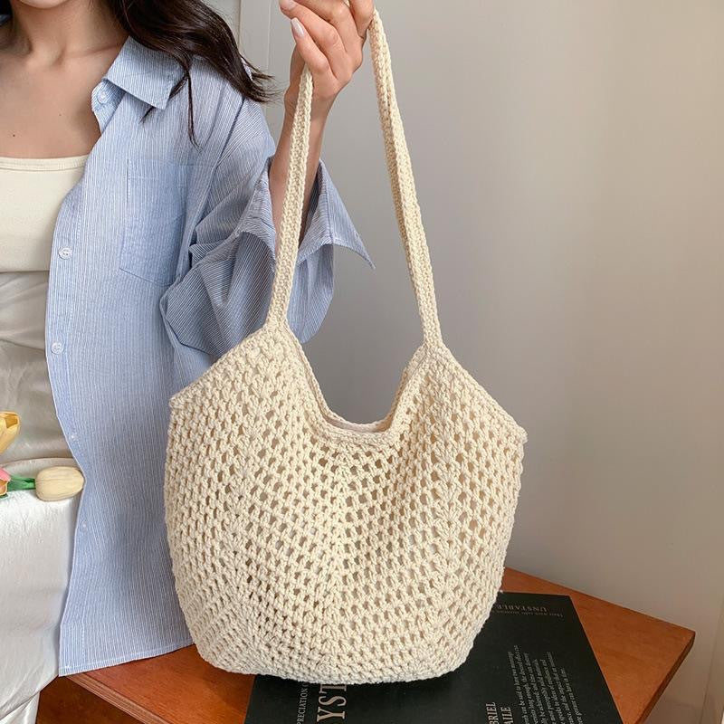 Lazy Tote Beach Bag - Handwoven Rattan Hollow-Out Casual Shoulder Bag for Vacation & Daily Use