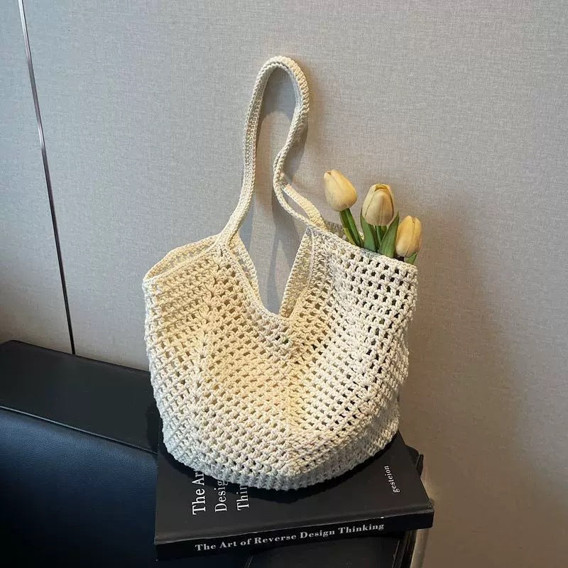 Lazy Tote Beach Bag - Handwoven Rattan Hollow-Out Casual Shoulder Bag for Vacation & Daily Use