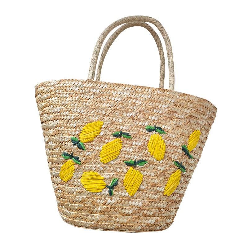 Handwoven Rattan Tote with Vibrant Lemon & Mango Embroidery – Perfect Blend of Nature & Style for Summer Days!