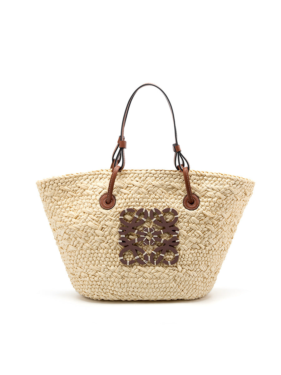 Large-Capacity Women's High-End Raffia Tote Bag with Metal Embellishment – Summer Beach/Seaside Vacation Shoulder Handbag, Hand-Woven Natural Straw Bag for Casual & Chic Style