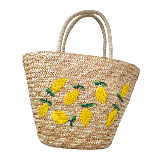 Handwoven Rattan Tote with Vibrant Lemon & Mango Embroidery – Perfect Blend of Nature & Style for Summer Days!