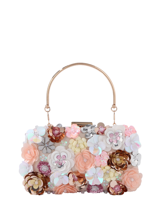 New Arrivals! Handmade 3D Floral Beaded Evening Clutch for Women - Luxury Wedding, Party & Banquet Bag with Iridescent Flowers & Gold-Tone Handle