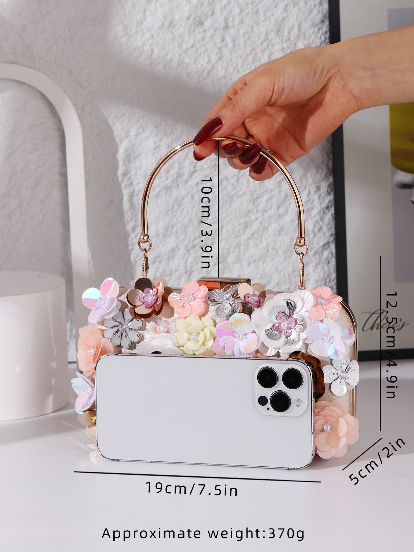 New Arrivals! Handmade 3D Floral Beaded Evening Clutch for Women - Luxury Wedding, Party & Banquet Bag with Iridescent Flowers & Gold-Tone Handle
