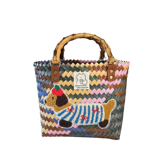 Influencer-Approved Bamboo Handle Colorful Handwoven Vintage Tote Bag with Dachshund Design for Girls (Beach Handbag)
